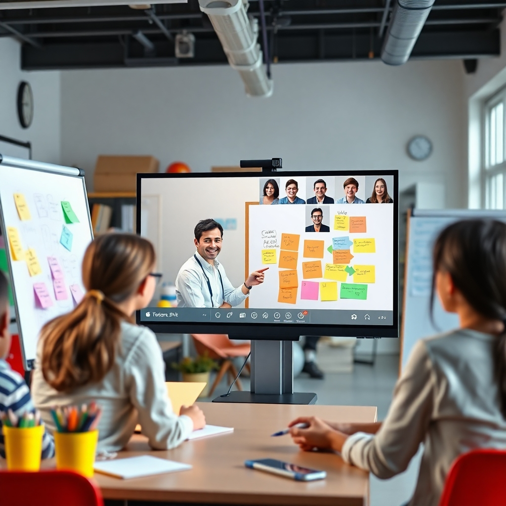 A bright and inviting scene showing a tutor on a video call with students, using a whiteboard and colorful notes, with educational materials visible in the background, depicting a lively and interactive online learning atmosphere.