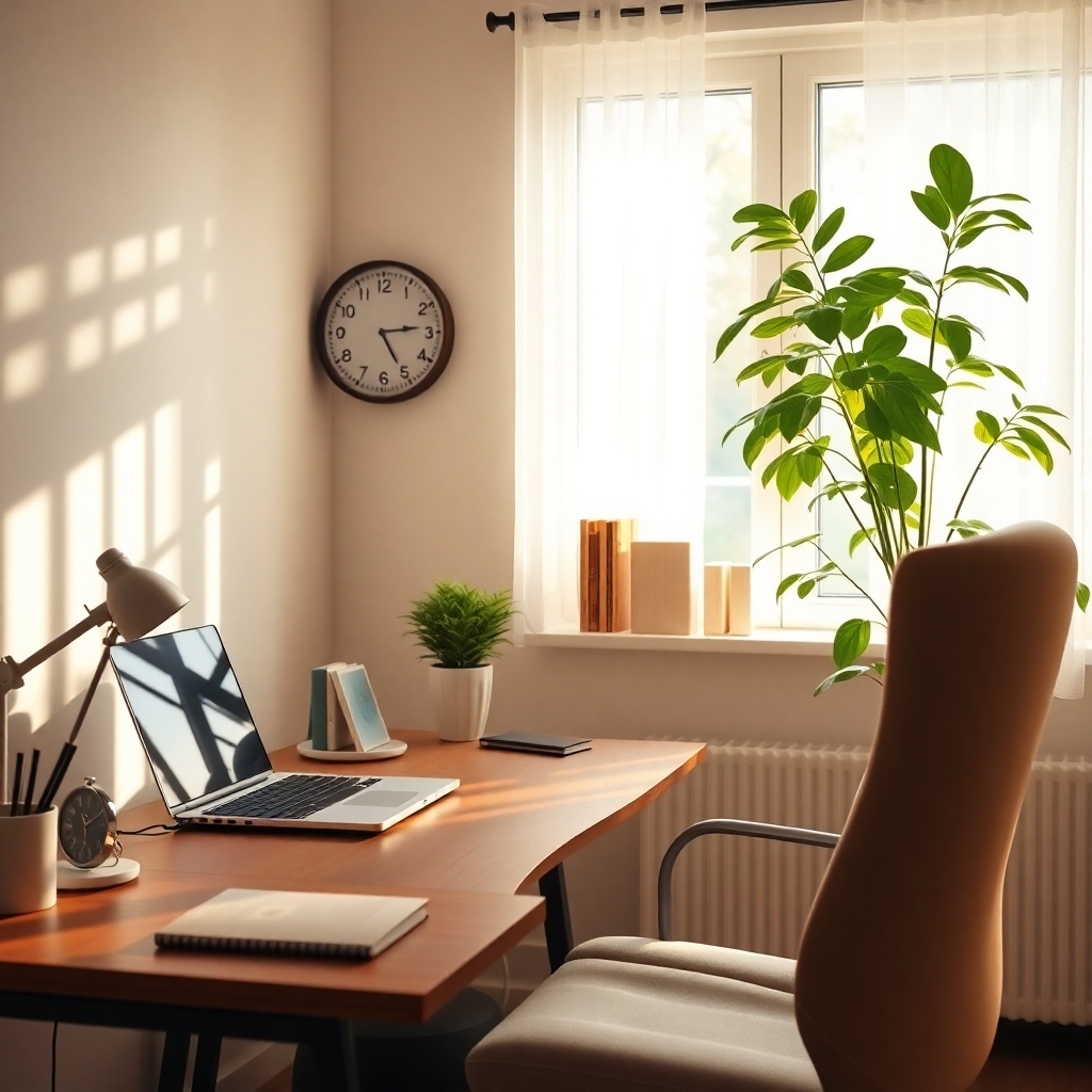 A cozy home office setup, featuring a desk with a laptop, a comfortable chair, a plant in the background, and natural light streaming in from a window. Include a clock showing different times for flexibility, creating a warm and inviting atmosphere.