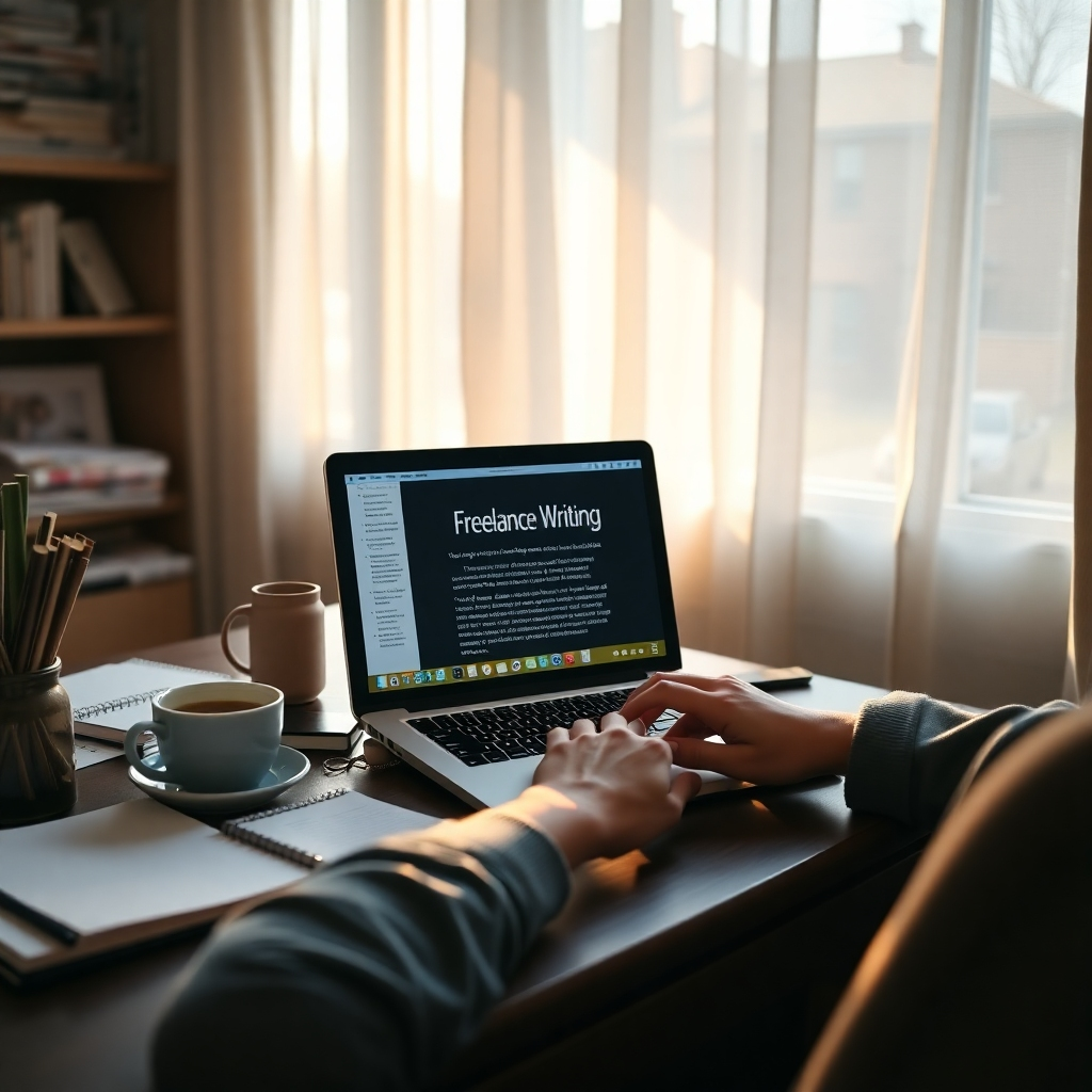 A cozy home office setup featuring a laptop open to a freelance writing platform, surrounded by notes and coffee, with a person typing intently, sunlight streaming through a window, creating a warm and productive atmosphere.