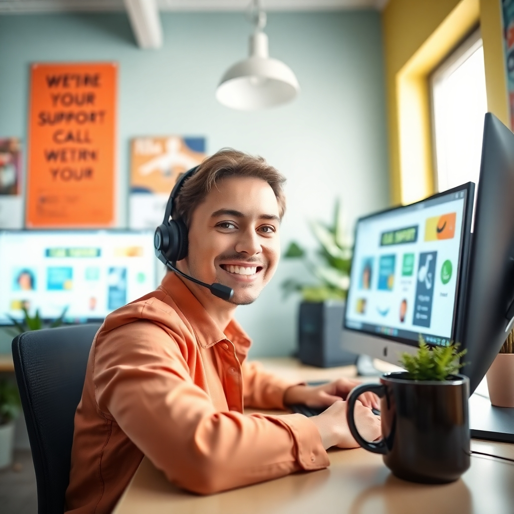 A friendly customer support representative wearing a headset, sitting at a sleek desk with dual monitors displaying call support software. The room is vibrant with bright, cheerful colors, emphasizing a welcoming ambiance. Soft natural light comes through a window, illuminating the workspace filled with motivational posters and plants. The camera is at eye level, capturing a close-up of the representative’s smiling face. The textures of the desk items, including a notepad and coffee mug, add detail. The image should exude professionalism and friendliness, in an ultra-detailed, hyperrealistic style, 8K resolution.