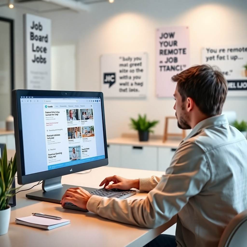 A person browsing a job board website on a computer, with various remote job listings visible on the screen. The setting should be a bright, modern workspace with motivational quotes on the wall and a notepad on the desk.