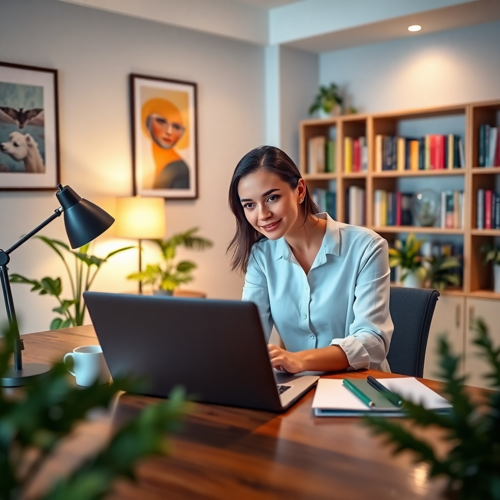 A professional-looking woman sitting at a modern desk in a well-lit home office, managing tasks on her laptop. The desk features a planner, coffee cup, and stylish lamp, surrounded by greenery and art on the walls. The lighting is soft and diffused, creating a warm and inviting atmosphere. The color palette includes calming blues and greens to enhance focus. The camera angle is slightly above eye level, showcasing her concentration. The room has textured green plants and a bookshelf in the background filled with colorful books. The image should reflect a productive yet relaxed mood, created in an ultra-detailed, hyperrealistic style, 8K resolution.