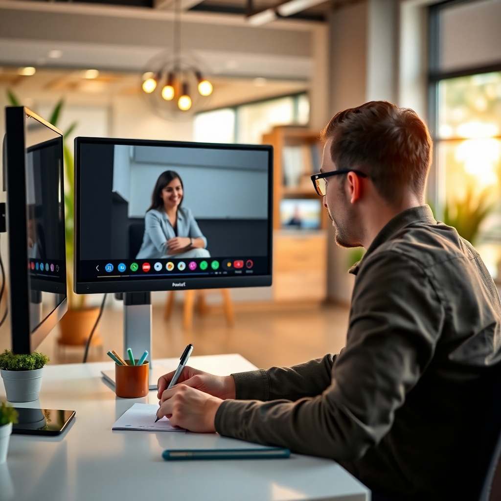 A split scene showing a person on a video call learning new skills, with a computer screen displaying a digital course, while taking notes. The backdrop should showcase a modern, nurturing learning environment, symbolizing growth and development.