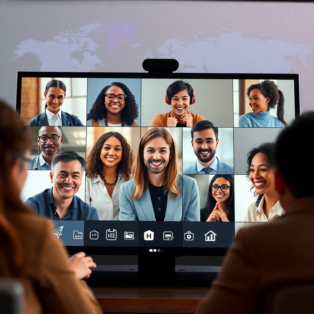 A virtual networking event image with diverse individuals appearing on a video call, smiling and talking together. The background should include elements like a digital map highlighting different locations and icons representing various professions.