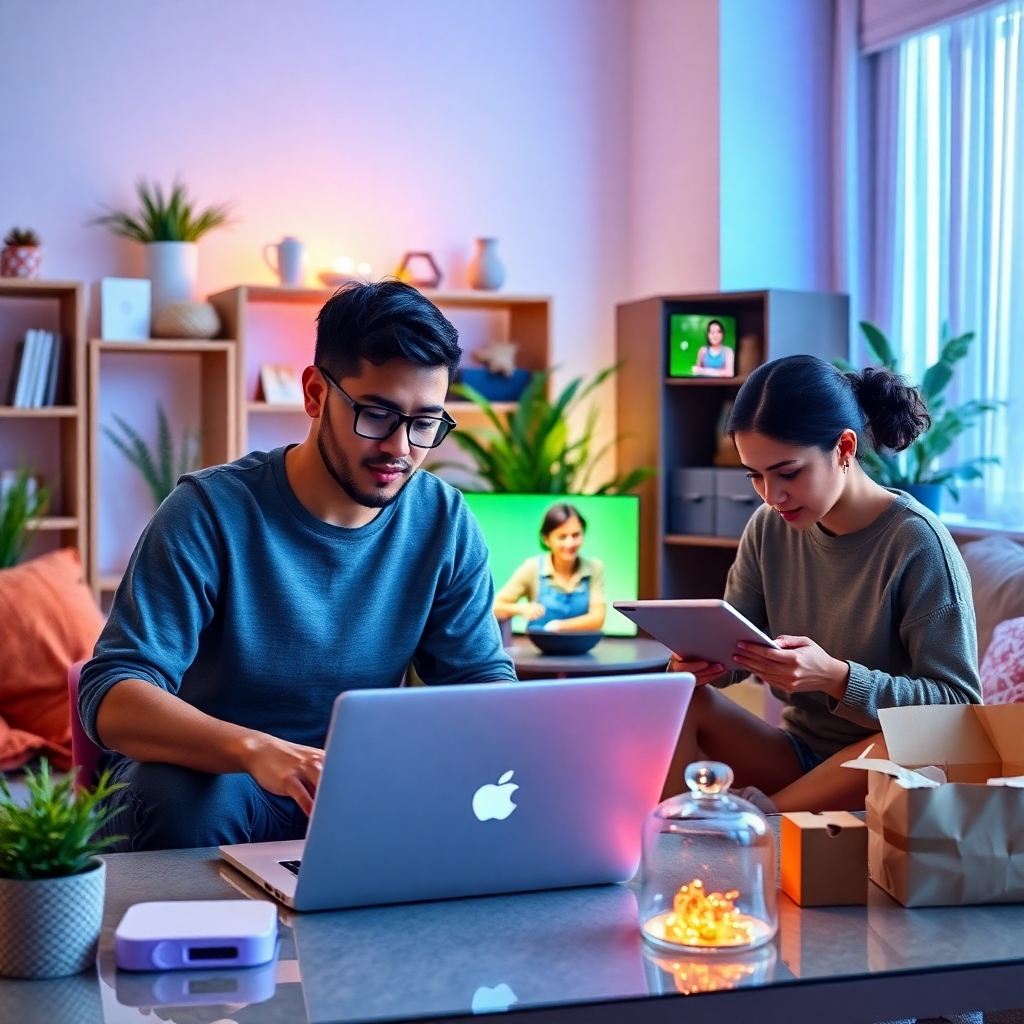 An artistic representation of multiple income streams, featuring a digital freelancer working on a laptop, an online tutor with a student on a video call, and a small business owner packaging products, all set in a vibrant, modern home environment.