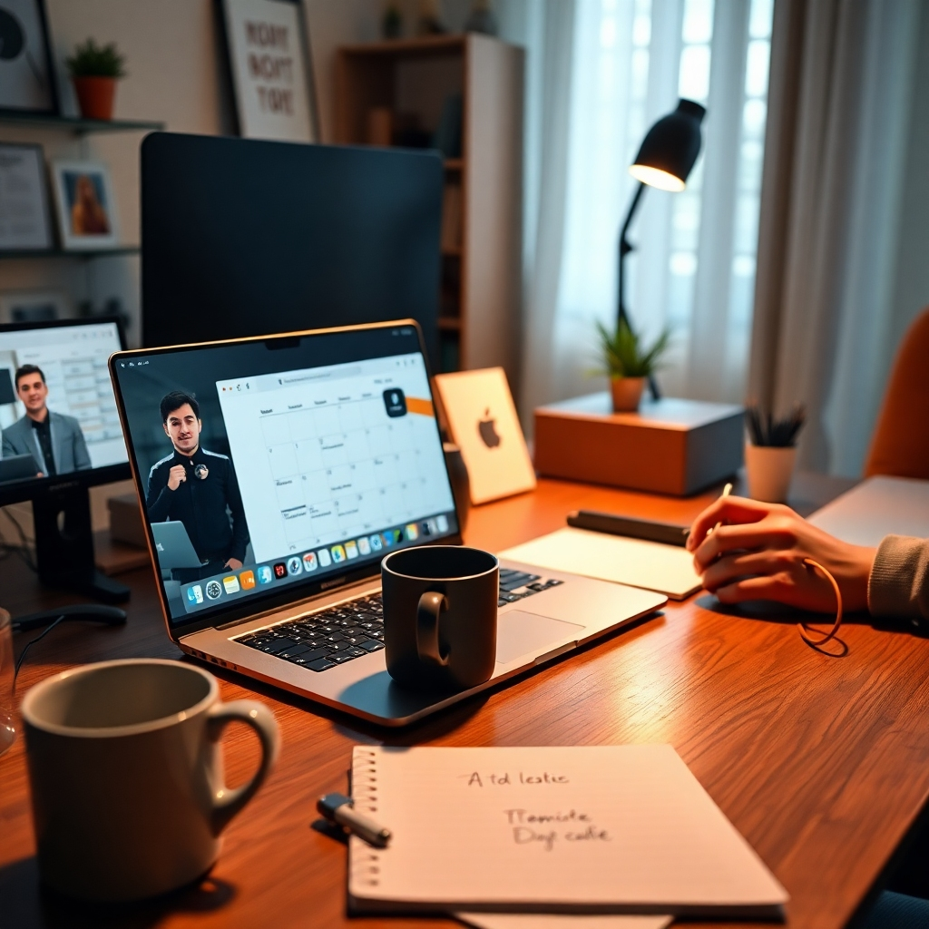 An organized desk space displaying a laptop with a calendar app open, a coffee mug, and a notepad with a to-do list, while a focused individual makes video calls, highlighting teamwork and productivity in a work-at-home environment.