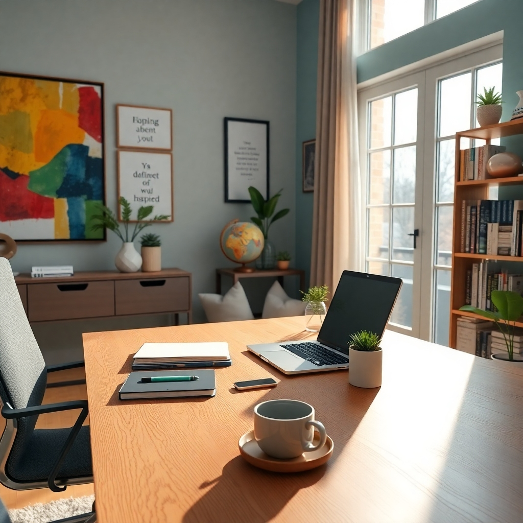 Create a photorealistic header image depicting a stylish home office setup. The composition features a modern desk with a sleek laptop, ergonomic chair, and accessories like notebooks, a coffee mug, and a small plant. The lighting is warm and inviting, with soft sunlight streaming through a large window that casts gentle shadows. The color palette should consist of calming blues and greens, evoking a sense of tranquility and focus. The camera angle should be slightly elevated, offering a view that captures the entire workspace and the surrounding cozy decor. Texture should be emphasized through the wooden desk grain, the smooth laptop surface, and the soft fabric of the chair. Environmental elements may include a colorful abstract painting on the wall, framed motivational quotes, and a bookshelf filled with inspiring literature. Relevant props could include a smartphone, wireless headphones, and a small globe. The style should reference contemporary interior design with a homely touch. Technical specifications: 8K resolution, hyperrealistic finish, vibrant details that bring the scene to life., ultra high resolution, photorealistic, 8K, hyperdetailed, cinematic lighting